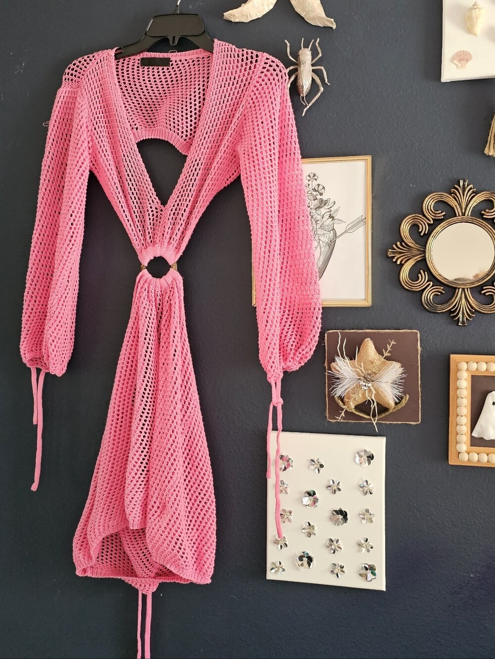 Hot Pink Crochet Swim Cover-Up Dress - Size Small (Adjustable)